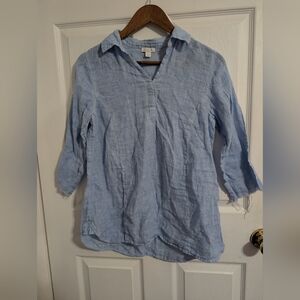 J. Jill Love Linen Womens Top Blue Distressed 3/4 Sleeve Shirt Size Small Petite